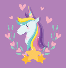 unicorn with pink stars hearts rainbow mane floral fantasy cartoon