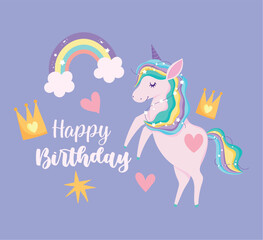 happy birthday unicorn crown rainbow stars hearts cartoon © Stockgiu