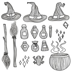Obraz premium Witch or Wizard set Halloween hand drawn doodle set