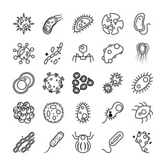 ebola and bacteria shapes icon set, line style