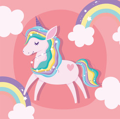 unicorn with bright stars rainbow clouds dream fantasy cartoon