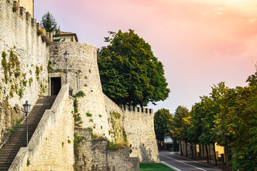 Wall in San Marino, Europe. Beautiful sunset and colorful sky. Fall is coming.  