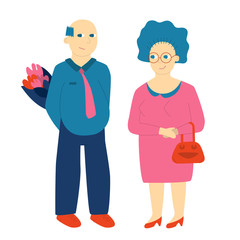 Aged man with suprise flowers and woman, senior adults standing together cartoon characters. Cheerful old couple flat vector illustration. Married pair, happy romantic relationship, retirement.