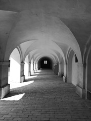 Interior Roman catholic sanctuary. Artistic look in black and white. - obrazy, fototapety, plakaty