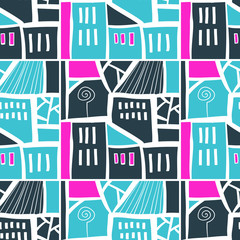 Seamless pattern of silhouette buildings on white background. Vector illustration. Background for poster or cover. Figure for textiles.