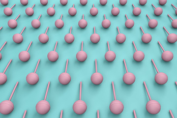 3d rendering of lollipops on turquoise minimalistic background. Wide background site head and cover photo. Pattern for texture of wallpaper. 