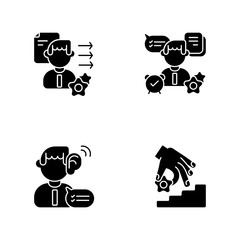 Professional skills development black glyph icons set on white space. Self organization, listening, coaching, brevity and clarity. Personal growth silhouette symbols. Vector isolated illustrations