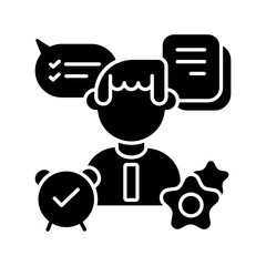 Organizational skills black glyph icon. Effective planning, time management, multitasking silhouette symbol on white space. Organized company employee, business manager vector isolated illustration
