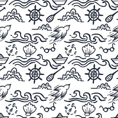 Seamless pattern of shells, birds, waves, glasses, oars, steering wheels, compass. Marine themed. Figure for textiles. Repeating texture.