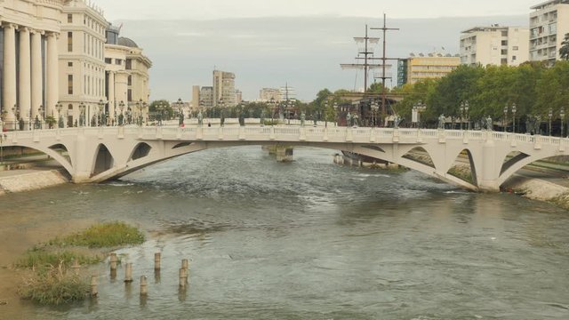 Shot of Vardar river in Skopje, North Macedonia, wide
