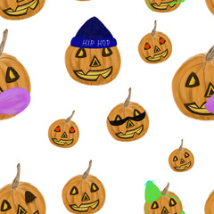 Funny Halloween pumpkins in accessories on white background. Halloween seamless pattern. Print, packaging, wallpaper, textile, kids, stationery design