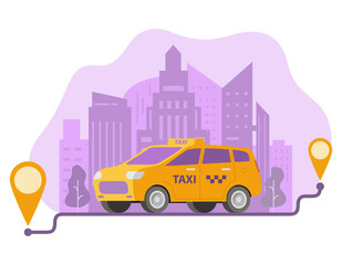 Ordering taxi route and points location on a city.Yellow cab car and urban landscape.GPS navigation city skyline .Street traffic.Illustration vector.