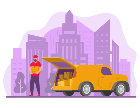 Delivery service and logistics.Mover unloading cardboard boxes from van.Man unloading box from truck.Delivering cargo.Unload delivery car boxes.Courier with parcel. Skyline of skyscrapers.Vector flat.