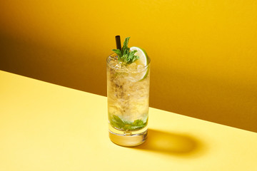 Refreshing iced drink with straw