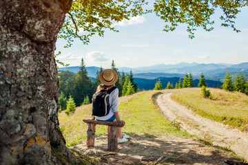 Trip to Carpathian mountains. Woman tourist hiking and relaxing admiring landscape. Traveling in...