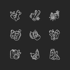 Culinary herbs and spices chalk white icons set on black background. Aromatic flavoring. Asian seasonings. Nutmeg and cinnamon. Ginger and cloves. Isolated vector chalkboard illustrations