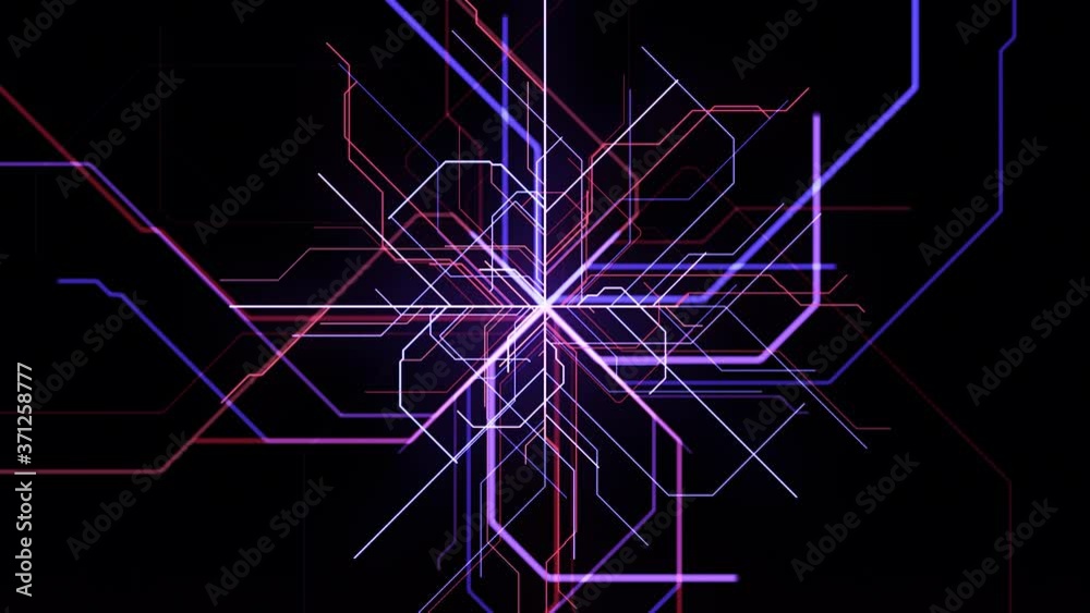 Poster neon lines drawing computer motherboard. animation. multi-colored neon lines create computer pattern