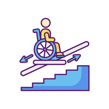 recommend clip art: Stair lift RGB color icon. Wheelchair platforms and stairlifts for disabled users. Outdoor stair lift elevator. City infrastructure. Disabled people accessible facilities. Isolated vector illustration