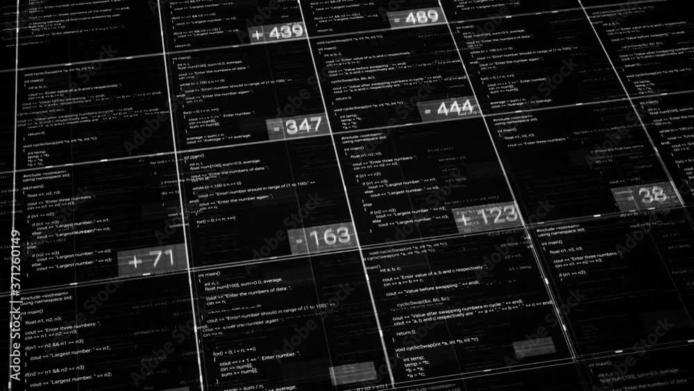 Poster computer codes in cells with numbers on black background. animation. lot of changing data in cells o