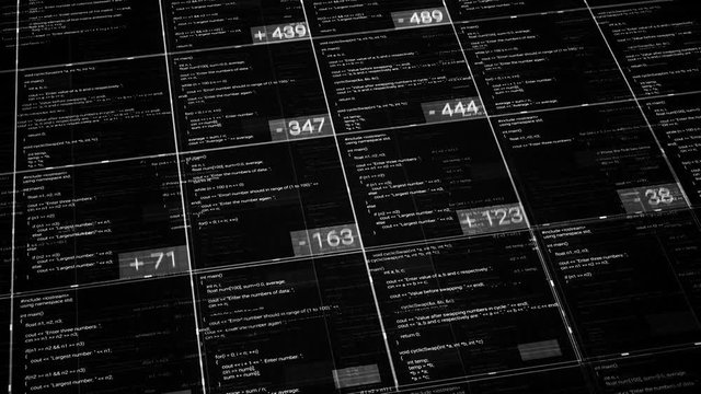 Computer codes in cells with numbers on black background. Animation. Lot of changing data in cells of table with deductions of numbers. Business table with digital data