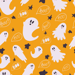 Happy halloween concept. Seamless pattern of ghosts. Beautiful illustrations of a terrible and frightening holiday. Doodle drawing vector illustration of halloween attributes.