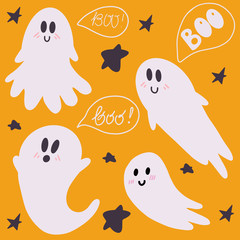 Happy halloween concept. Set of ghosts. Beautiful illustrations of a terrible and frightening holiday. Doodle drawing vector illustration of halloween attributes.