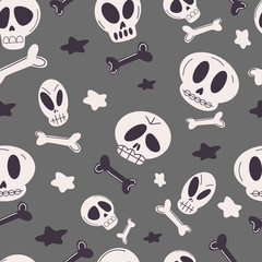 Happy halloween concept. Seamless pattern of skull and Bones. Beautiful illustrations of a terrible and frightening holiday. Doodle drawing vector illustration of halloween attributes.