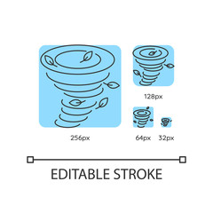 Tornado turquoise linear icons set. Natural disaster, dangerous phenomenon. Strong whirlwind. Thin line customizable 256, 128, 64 and 32 px vector illustrations. Contour symbols. Editable stroke