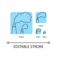 Smoke turquoise linear icons set. Urban smog, industrial pollution. Chimneys emitting toxic fumes. Thin line customizable 256, 128, 64 and 32 px vector illustrations. Contour symbols. Editable stroke