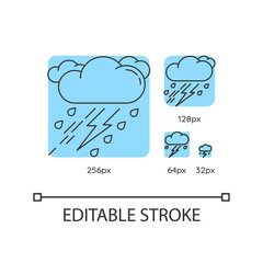 Thunderstorm turquoise linear icons set. Bad weather, meteo forecast. Raining cloud with lightning. Thin line customizable 256, 128, 64 and 32 px vector illustrations. Contour symbols. Editable stroke