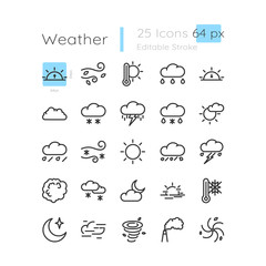 Meteorology linear icons set. Seasonal weather change. Windy day. Cloudy night. Customizable thin line contour symbols. Isolated vector outline 128 x 128 px illustrations. Editable stroke