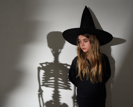 Child Witch Standing Next to Scary Skeleton