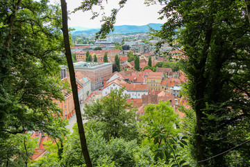 Obraz premium A view through the trees from the view point on Ljubljana Castle, Slovenia