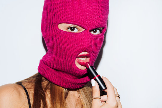 Masked woman with lipstick