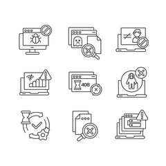 Internet connection linear icons set. Various web pages errors and notifications customizable thin line contour symbols. Network status. Isolated vector outline illustrations. Editable stroke