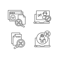 Website errors linear icons set. Unauthorized access, version not supported, page not found, no results customizable thin line contour symbols. Isolated vector outline illustrations. Editable stroke