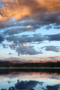 Sunset lighting up the Continental Divide, Willow Creek Reservoir, near Granby Colorado
