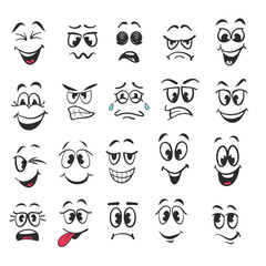Cartoon faces. Expressive eyes and mouth, smiling, crying and surprised character face expressions. Caricature comic emotions or emoticon doodle. Isolated vector illustration icons set