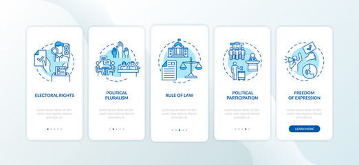 Political rights onboarding mobile app page screen with concepts. Electoral rights. Rule of law. Walkthrough 5 steps graphic instructions. UI vector template with RGB color illustrations
