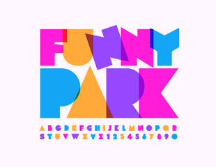 Vector playful sign Funny Park with Abstract bright Font. Colorful creative Alphabet Letters and Numbers
