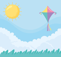 sky kite sun clouds grass nature background