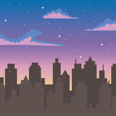 night sky stars clouds silhouette urban city buildings