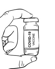 Covid-19 vaccine tube in hand. Prevention, immunization and treatment from Coronavirus concept. Vector sketch, Hand drawn illustration Black line drawing