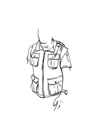 Fototapeta na wymiar Drawing of vest with many pockets on young man with no face, Vector sketch Isolated hand drawn
