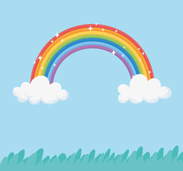sky rainbow clouds bright fantasy grass nature cartoon