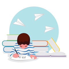 Children education feature a boy is doing homework and full with books at the back