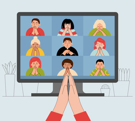Online church. People praying with video conference
