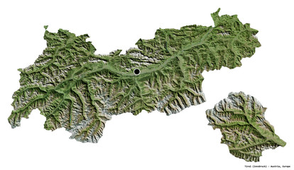 Tirol, state of Austria, on white. Satellite - obrazy, fototapety, plakaty