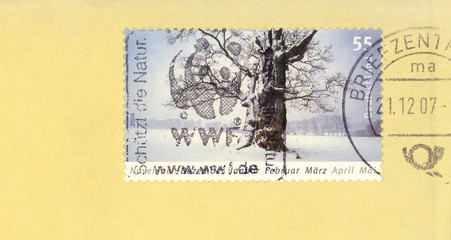 stamp briefmarke post letter mail gestempelt used vintage retro alt old panda WWF Baum slogan werbung schützt die natur baum winter 55 schnee snow odarn
