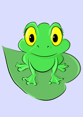 Cartoon green frog sitting on a leaf hand drawn vector illustration